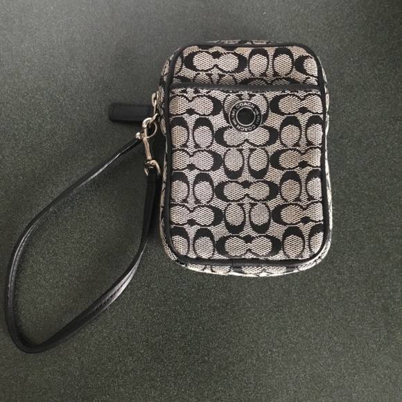 Coach Black/Gray Signature C Canvas Leather Wristlet Mini Pouch - Picture 2 of 16
